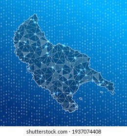 Mapa de red de la isla de Zakynthos. Mapa de conexiones digitales de la isla. Tecnología, internet, red, concepto de telecomunicaciones. Ilustración vectorial.
