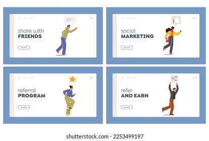 Network Marketing, Affiliate Partnership Landing Page Template Set. Male and Female Characters with Social Media Icons. Referral Program Strategy, Referring Friends. Cartoon People Vector Illustration