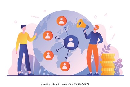 Network marketing concept. Men with loudspeaker next to globe with user avatars. Promotion of goods and services on Internet. Advertising in social networks. Cartoon flat vector illustration