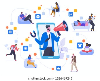 Network marketing flat vector illustration. Friends chatting, sharing recommendations and promoting each other goods cartoon characters. Social media viral advertising. Word of mouth marketing method