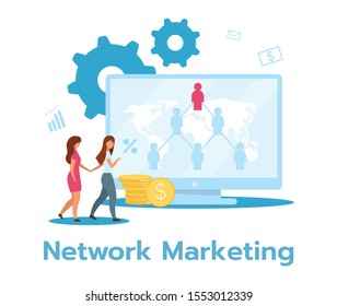 Network marketing flat vector illustration. Pyramid selling. Product, services sale. Multi-level, two-tier marketing. Business model. Isolated cartoon character on white background