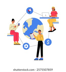 Network Marketing With Marketers Connecting Globally In Flat Vector Illustration Symbolizing Strategy, Collaboration, And Business Outreach, Isolated On White Background.