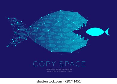 Network Marketing Online set Teamwork from shoal or school of small fish eat Big Fish concept idea illustration isolated on dark blue background, with copy space