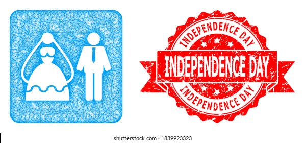 Network marriage persons icon, and Independence Day corroded ribbon seal imitation. Red stamp seal has Independence Day caption inside ribbon.