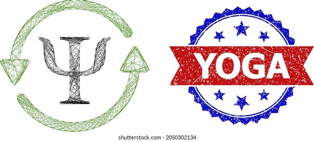 Network mental recovery wireframe icon, and bicolor scratched Yoga watermark. Flat frame created from mental recovery icon and intersected lines. Vector seal with grunge bicolored style,
