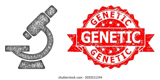 Icono de microscopio de red e imitación del sello de cinta impuro genético. El sello rojo tiene texto genético dentro de la cinta.Red 2D del marco eclosionada geométrica basada en el icono del microscopio, generado con líneas cruzadas.