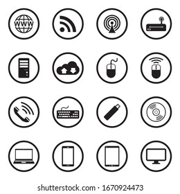 Network And Mobile Devices Icons. Black Flat Design In Circle. Vector Illustration.