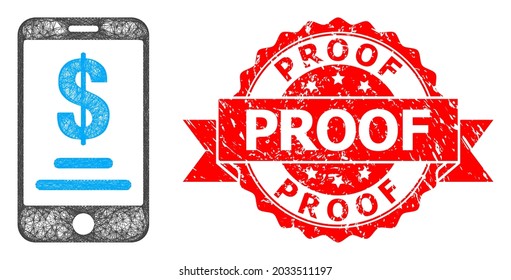 Icono de cuenta de red móvil en dólares y sello de marca de cinta de prueba impura. El sello rojo tiene el texto de prueba dentro de la cinta.Red de canal lineal geométrica 2D basada en el icono de la cuenta de dólar móvil,