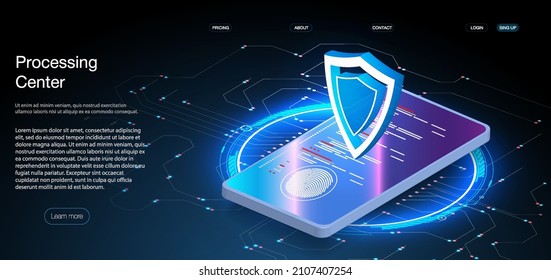 Network mobile security isometric. Online server protection system concept with data center or blockchain. Cyber security, data protection, cyberattacks concept on blue background. Database security