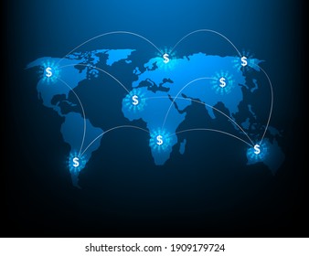 Network of money transfers and currency exchanges between countries of the world