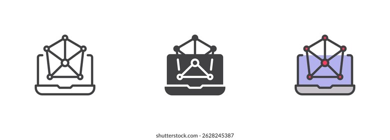 Network monitoring and analysis different style icon set. Line, glyph and filled outline colorful version, outline and filled vector sign. Data visualization symbol, logo illustration. Vector graphics