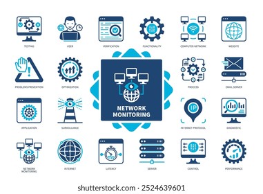 Network Monitoring icon set. Latency, Server, Website, Application, Testing, Verification, Functionality, Diagnostic. Duotone color solid icons