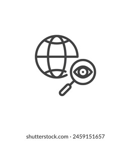 Network Monitoring line icon. linear style sign for mobile concept and web design. Globe with magnifier and eye outline vector icon. Symbol, logo illustration. Vector graphics