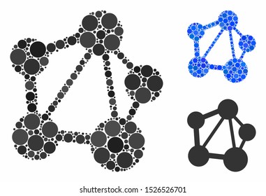 Network mosaic for network icon of filled circles in variable sizes and color tinges. Vector filled circles are united into blue illustration. Dotted network icon in usual and blue versions.