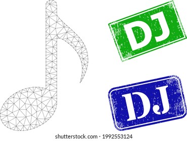 Network music note model, and Dj blue and green rectangle scratched stamp seals. Mesh carcass image is designed with music note icon. Stamp seals include Dj tag inside rectangular form.