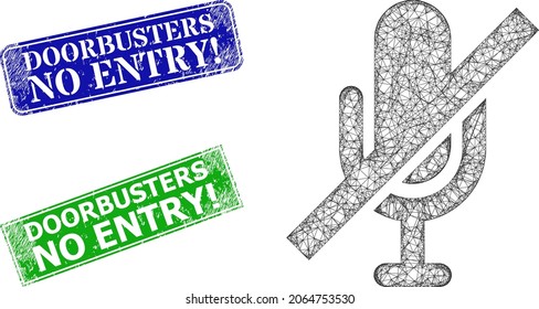 Network mute image, and Doorbusters No Entry warn blue and green rectangle corroded stamp seals. Polygonal carcass image is designed with mute icon.
