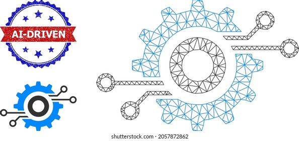 Network nanobot circuit wheel wireframe icon, and bicolor grunge Ai-Driven seal. Polygonal carcass illustration is designed with nanobot circuit wheel icon.