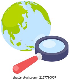 Network navigation and worldwide connection concept. Planet Earth and loupe as symbols of global search system. Globe and magnifying glass, global geography, Magnifier near planet vector illustration