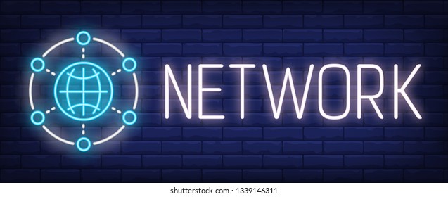 Network neon text with global Internet sign. Website interface, app, advertisement design. Night bright neon sign, colorful billboard, light banner. Vector illustration in neon style.