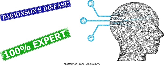 Imagen de la interfaz neural de red y sellos de sellos de sellos de textura rectangulares azules y verdes de la enfermedad de Parkinson. Ilustración de trama poligonal creada a partir del icono de interfaz neural.