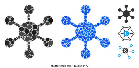 Network node mosaic of round dots in various sizes and shades, based on network node icon. Vector dots are combined into blue illustration. Dotted network node icon in usual and blue versions.