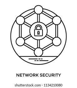 A network of nodes attached to a hub with lock sign symbolising network security 