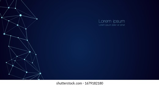 Network nodes with polygon shapes on dark blue, digital vector background. Connection science and futuristic technology, digital structure, connected points, web.