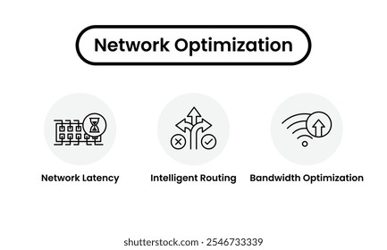 Conjunto de iconos de optimización de red. Icono de latencia de red, icono de enrutamiento inteligente, icono de optimización de ancho de banda. Ideal para ilustrar el rendimiento de la red, soluciones de TI.Ilustraciones vectoriales.  