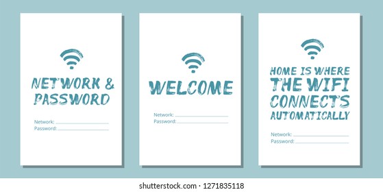 Network and password, Welcome, Home is Where WIFI connects automatically – set of WiFi password signs for guests. Templates with copy space. Blue, teal, turquoise brush font. Modern artistic lettering