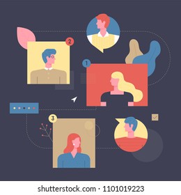 A network of people connected by the Internet. concept flat design style vector graphic illustration set A network of people connected by the Internet. concept flat design style vector graphic illustration set