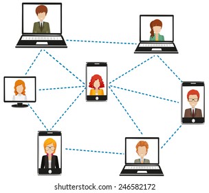 Ein Netzwerk von Menschen, die durch Technologie auf weißem Hintergrund verbunden sind