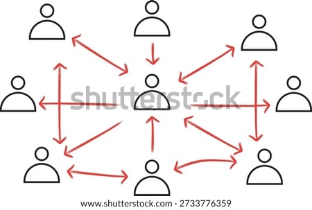 Network of People Icons Interconnected with Red Arrows, Symbolizing Teamwork and Global Communication