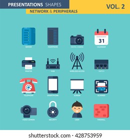 Network and peripherals modern icons. Presentation shapes for graphic and web design