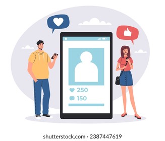 Network phone people social media like follow community concept. Vector flat graphic design illustration