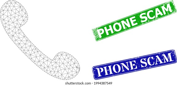 Network phone receiver image, and Phone Scam blue and green rectangle textured stamp seals. Mesh carcass illustration is created from phone receiver icon.
