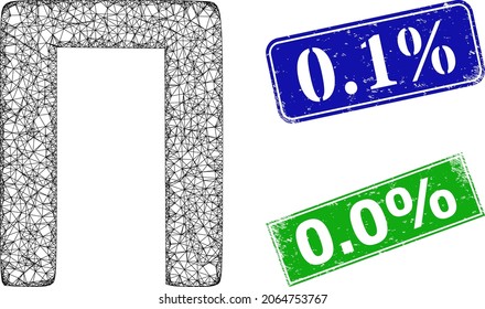 Network Pi Greek symbol model, and 0.1 percent blue and green rectangular scratched seals. Mesh wireframe illustration created from Pi Greek symbol icon. Stamp seals contain 0.