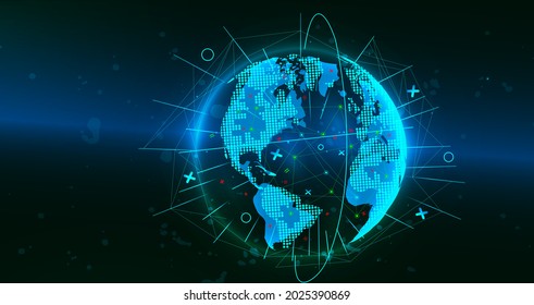 Network. Planet Earth from space. Flickering lights of cities. Map of the mainland. Global communications system and the World Wide Web. Technologies and communications. Globalization. Luminous sphere