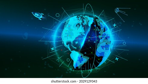 Network. Planet Earth from space. Flickering lights of cities. Map of the mainland. Global communications system and the World Wide Web. Technologies and communications. Globalization. Luminous sphere