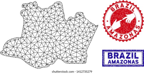 Network polygonal Amazonas State map and grunge seal stamps. Abstract lines and small circles form Amazonas State map vector model. Round red stamp with connecting hands.