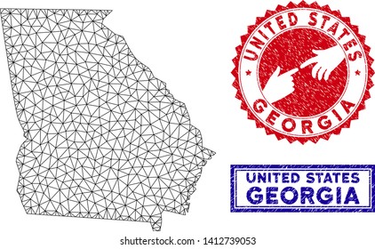 Network polygonal American State Georgia map and grunge seal stamps. Abstract lines and spheric points form American State Georgia map vector model. Round red stamp with connecting hands.