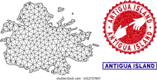 Network polygonal Antigua Island map and grunge seal stamps. Abstract lines and circle dots form Antigua Island map vector model. Round red stamp with connecting hands.