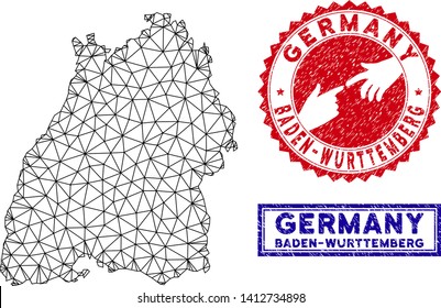 Network polygonal Baden-Wurttemberg Land map and grunge seal stamps. Abstract lines and small circles form Baden-Wurttemberg Land map vector model. Round red stamp with connecting hands.