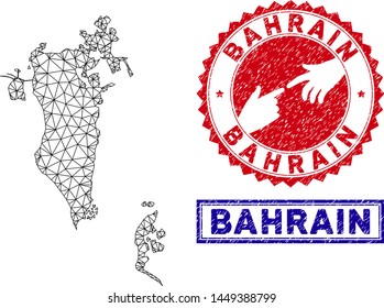 Network polygonal Bahrain map and grunge seal stamps. Abstract lines and dots form Bahrain map vector model. Round red stamp with connecting hands.