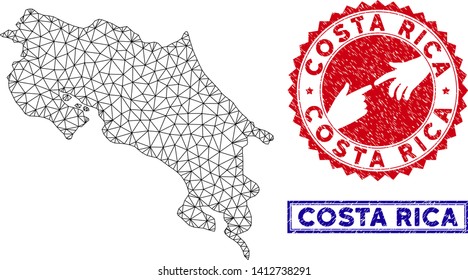 Network polygonal Costa Rica map and grunge seal stamps. Abstract lines and dots form Costa Rica map vector model. Round red stamp with connecting hands.