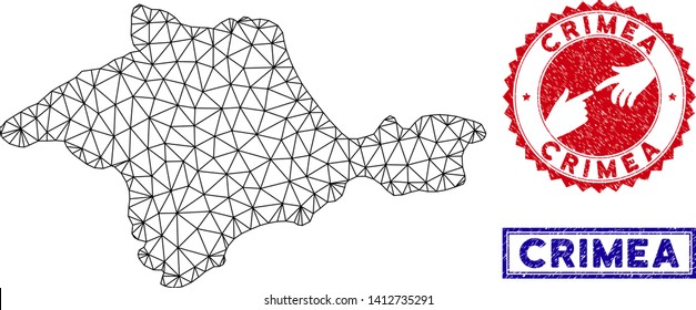 Network polygonal Crimea map and grunge seal stamps. Abstract lines and points form Crimea map vector model. Round red stamp with connecting hands.