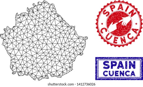 Network polygonal Cuenca Province map and grunge seal stamps. Abstract lines and circle dots form Cuenca Province map vector model. Round red stamp with connecting hands.