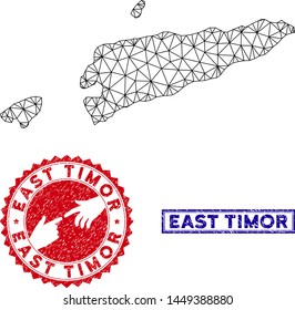 Network polygonal East Timor map and grunge seal stamps. Abstract lines and circle dots form East Timor map vector model. Round red stamp with connecting hands.