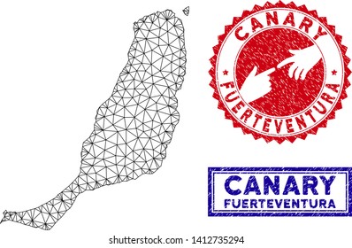 Network polygonal Fuerteventura Island map and grunge seal stamps. Abstract lines and points form Fuerteventura Island map vector model. Round red stamp with connecting hands.