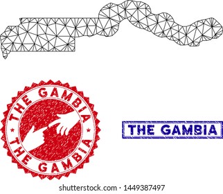 Network polygonal the Gambia map and grunge seal stamps. Abstract lines and circle dots form the Gambia map vector model. Round red stamp with connecting hands.