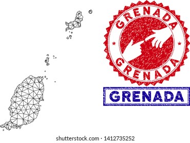 Network polygonal Grenada map and grunge seal stamps. Abstract lines and dots form Grenada map vector model. Round red stamp with connecting hands.